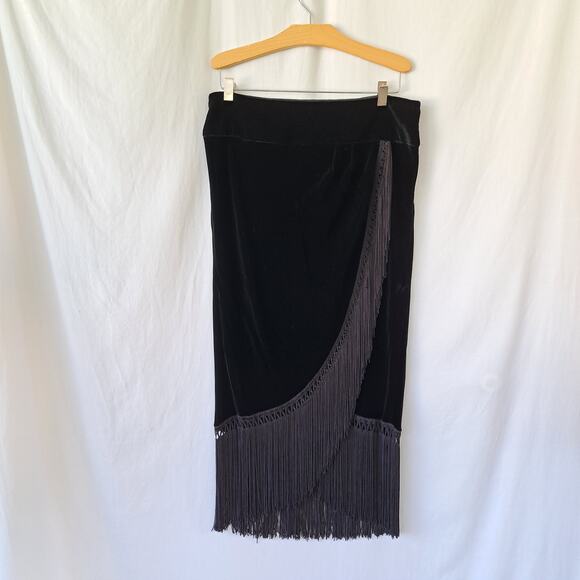 Kenneth Cole Black Velvet Fringe Midi Skirt Size 8 Dance Dressy Artsy Faux Wrap - Picture 7 of 9